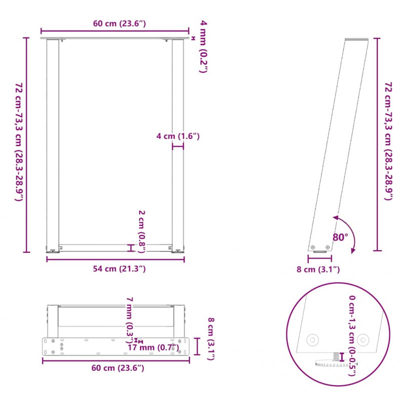 Nogi do stołu jadalnego w kształcie litery U 2 szt. Antracyt 60x(72-73) cm Stal