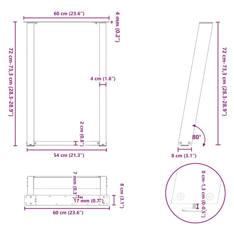 Nogi do stołu jadalnego w kształcie litery U 2 szt. Naturalna stal 60x(72-73) cm Stal