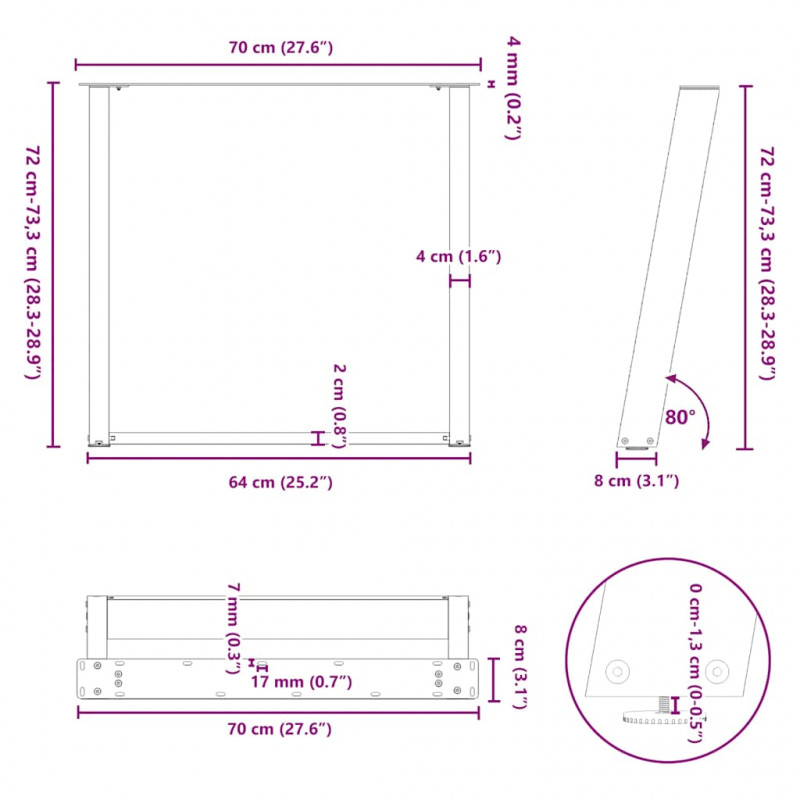 Nogi do stołu jadalnego w kształcie litery U 2 szt. Czarne 70x(72-73) cm Stal