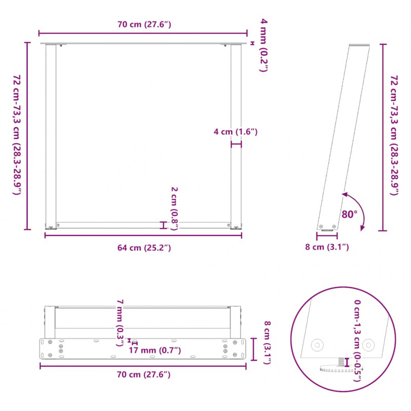 Nogi do stołu jadalnego w kształcie litery U 2 szt. Białe 70x(72-73) cm Stal