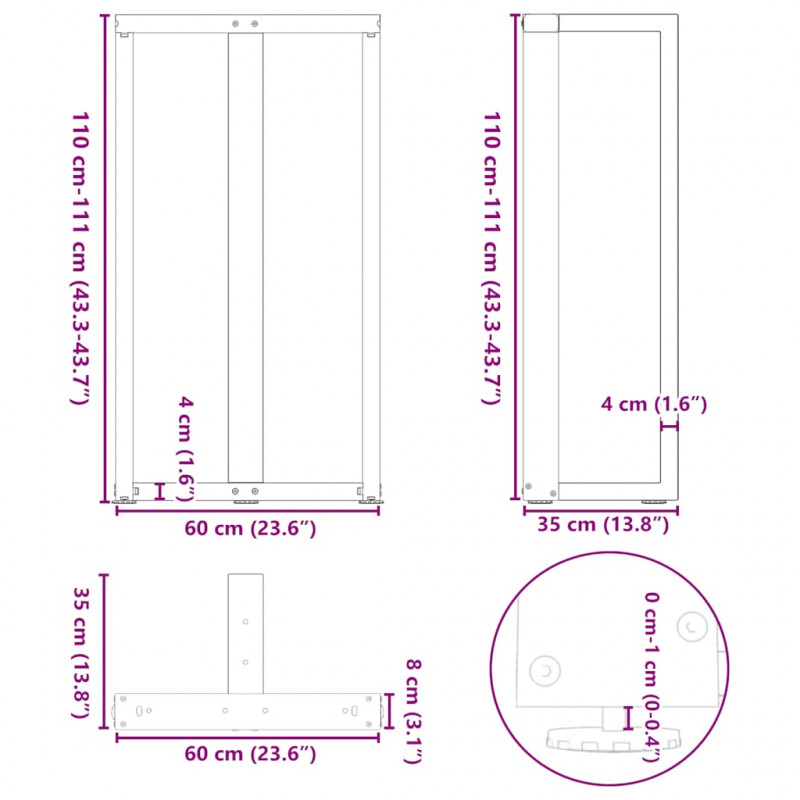 Nogi do stołu barowego w kształcie litery T 2 szt. Czarne 60x35x(110-111) cm Stal