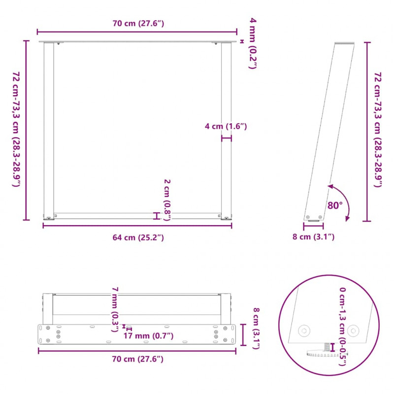 Nogi do stołu jadalnego w kształcie litery U 2 szt. Naturalna stal 70x(72-73) cm Stal