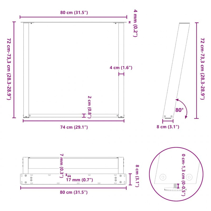 Nogi do stołu jadalnego w kształcie litery U 2 szt. Białe 80x(72-73) cm Stal