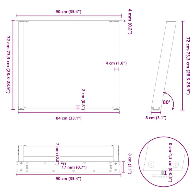 Nogi do stołu jadalnego w kształcie litery U 2 szt. Białe 90x(72-73) cm Stal