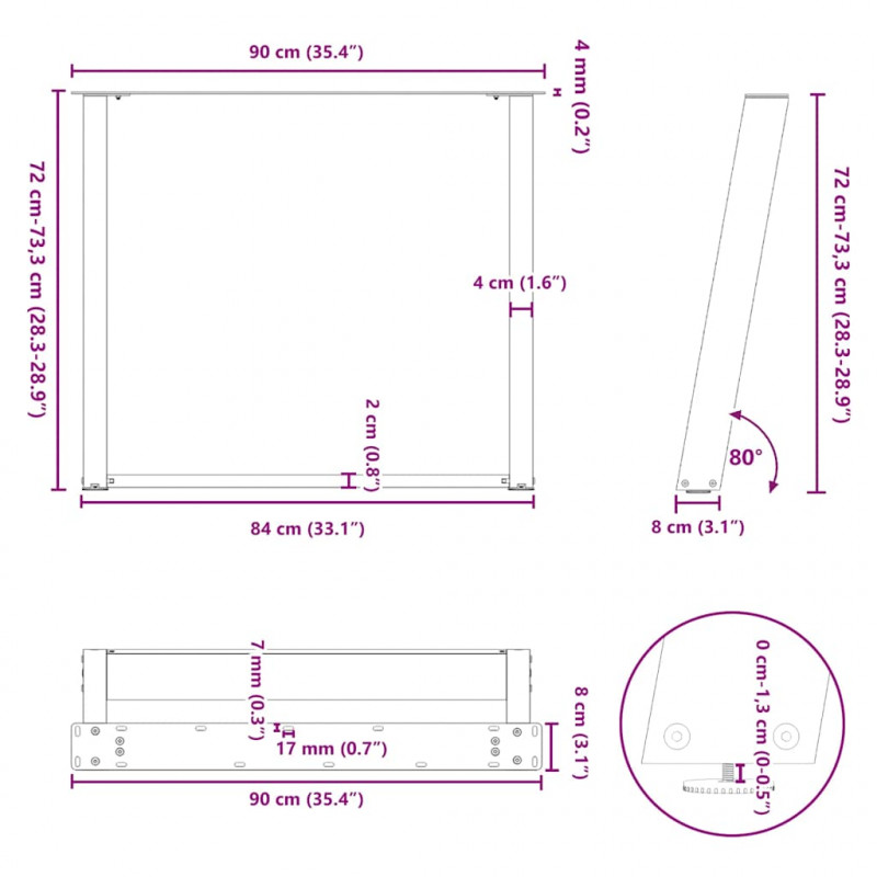 Nogi do stołu jadalnego w kształcie litery U 2 szt. Antracyt 90x(72-73) cm Stal