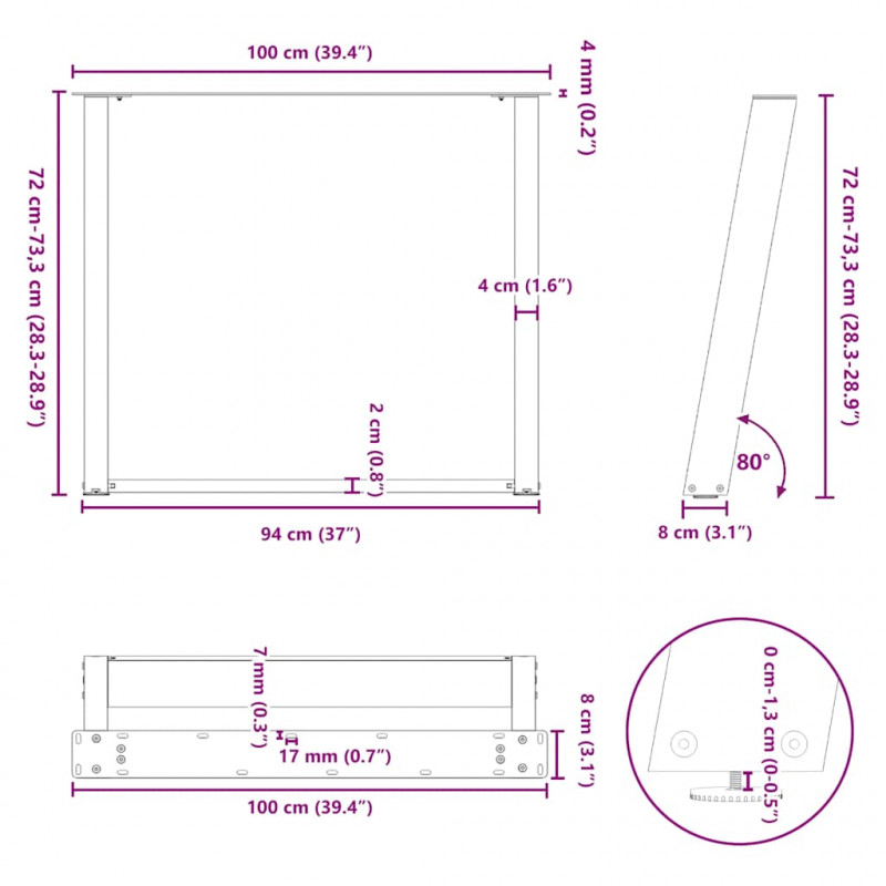 Nogi do stołu jadalnego w kształcie litery U 2 szt. Białe 100x(72-73) cm Stal