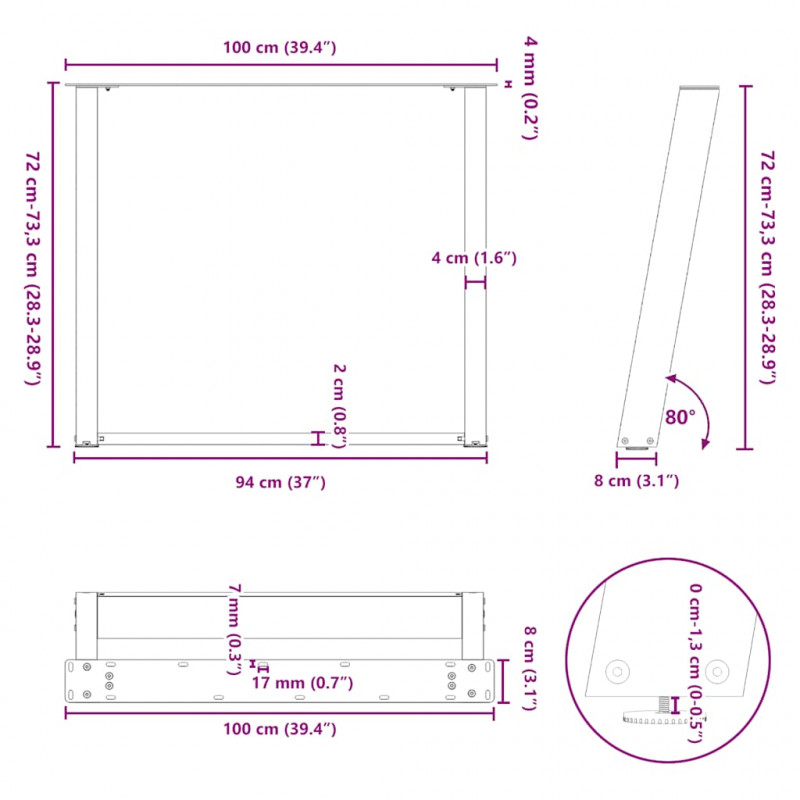 Nogi do stołu jadalnego w kształcie litery U 2 szt. Naturalna stal 100x(72-73) cm Stal