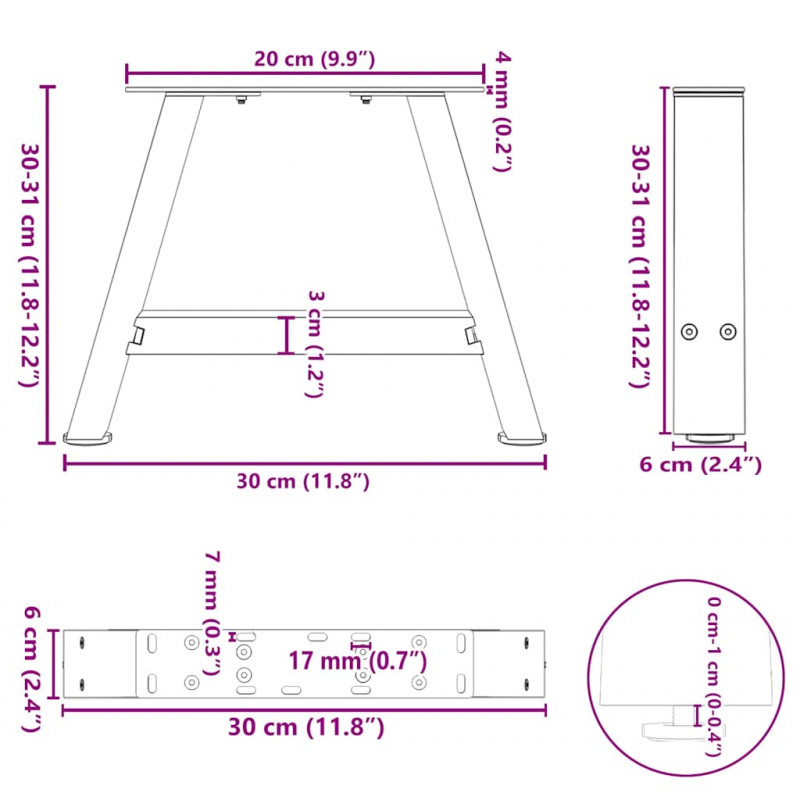 Nogi do stolika kawowego w kształcie litery A 2 szt. 30x(30-31) cm Stal