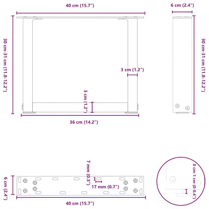 Nogi do stolika kawowego w kształcie litery U 2 szt. Antracyt 40x(30-31) cm Stal