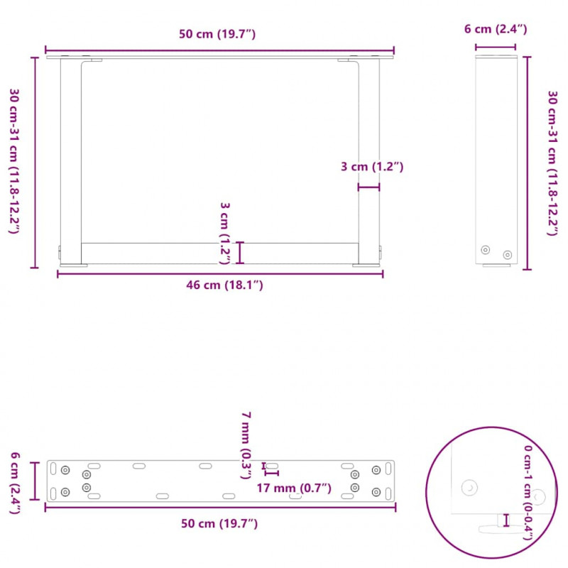 Nogi do stolika kawowego w kształcie litery U 2 szt. Czarne 50x(30-31) cm Stal