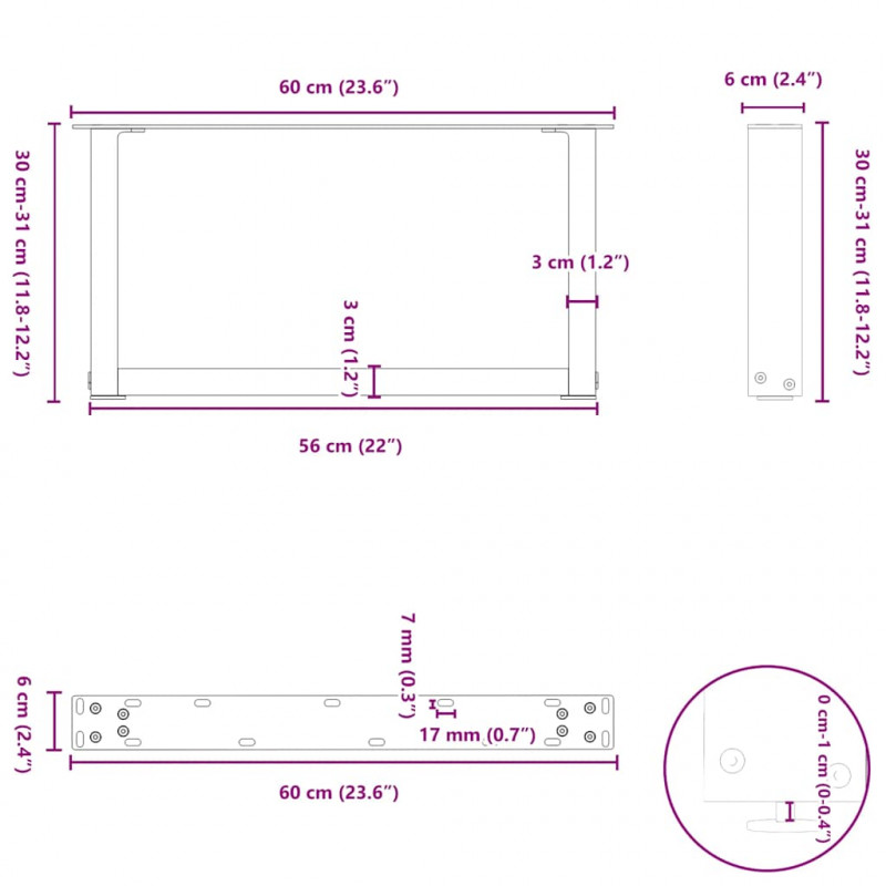 Nogi do stolika kawowego w kształcie litery U 2 szt. Naturalna stal 60x(30-31) cm Stal