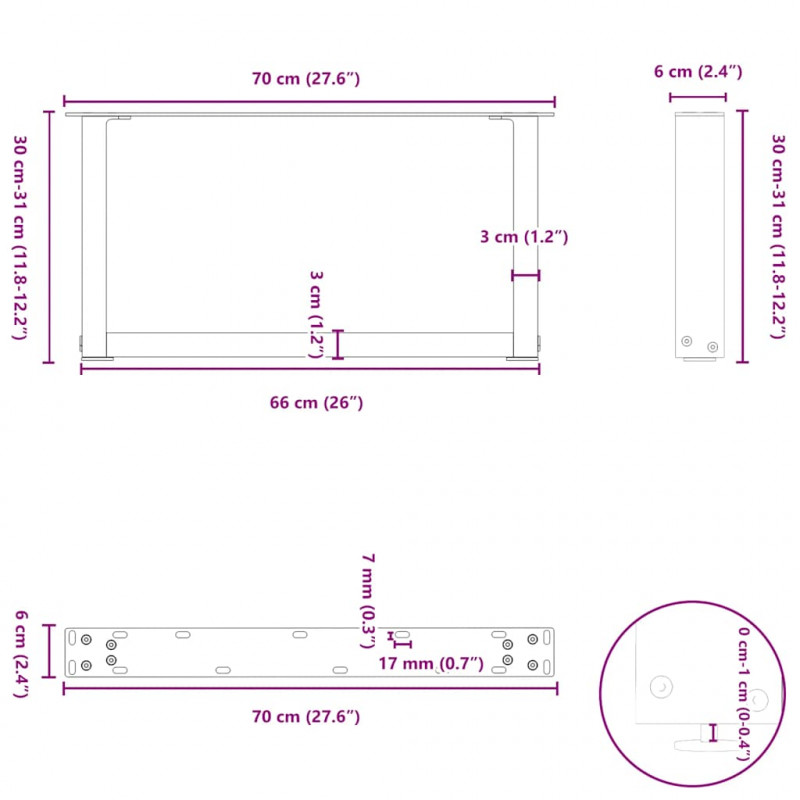 Nogi do stolika kawowego w kształcie litery U 2 szt. Antracyt 70x(30-31) cm Stal