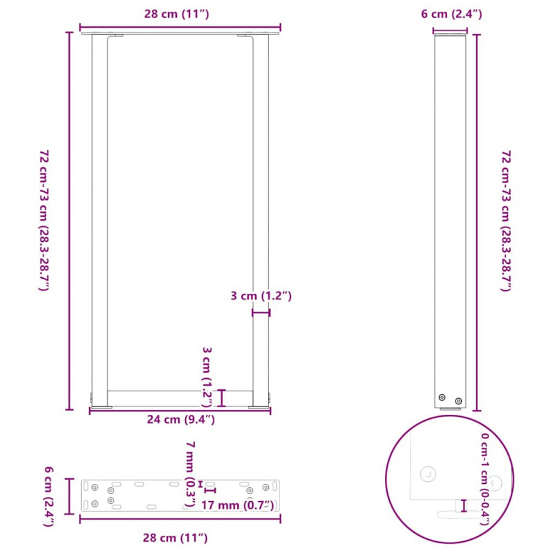 Nogi do stołu konsolowego w kształcie litery U 2 szt. Czarne 28x(72-73) cm Stal