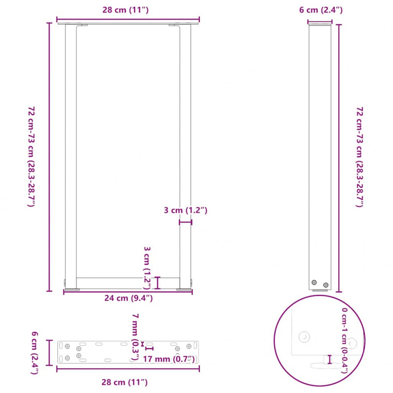 Nogi do stołu konsolowego w kształcie litery U 2 szt. Antracyt 28x(72-73) cm Stal