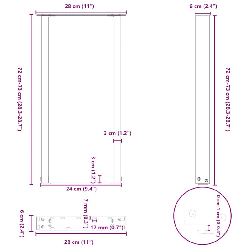 Nogi do stołu konsolowego w kształcie litery U 2 szt. Naturalna stal 28x(72-73) cm Stal