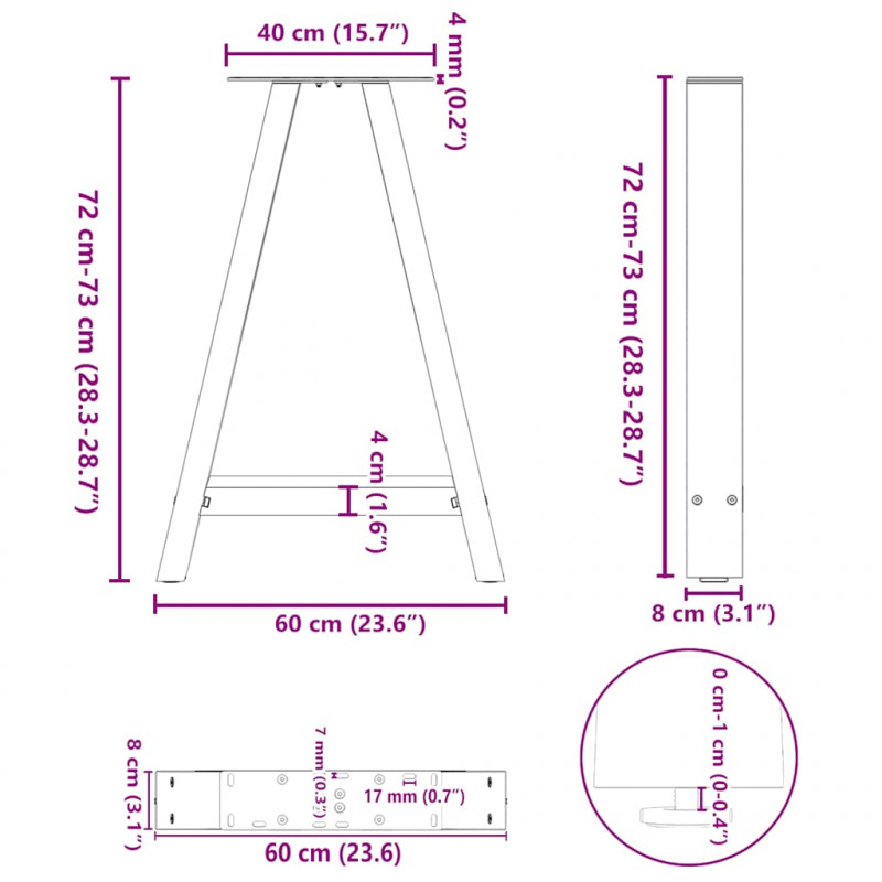 Nogi do stołu jadalnego w kształcie litery A 2 szt. Antracyt 60x(72-73) cm Stal