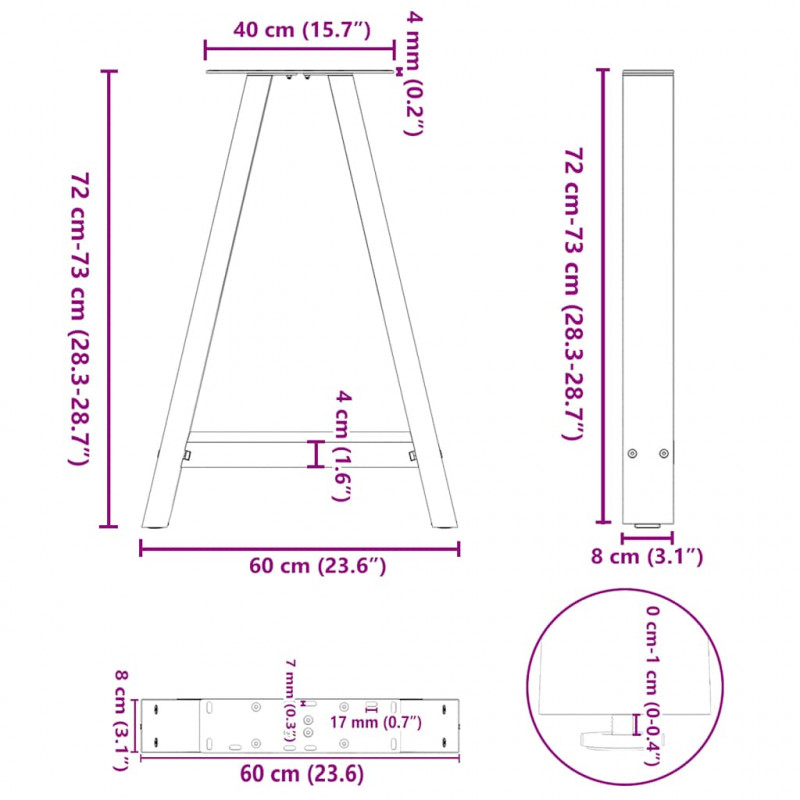Nogi do stołu jadalnego w kształcie litery A 2 szt. 60x(72-73) cm Stal