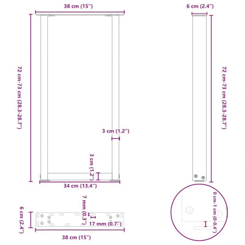 Nogi do stołu konsolowego w kształcie litery U 2 szt. Antracyt 38x(72-73) cm Stal