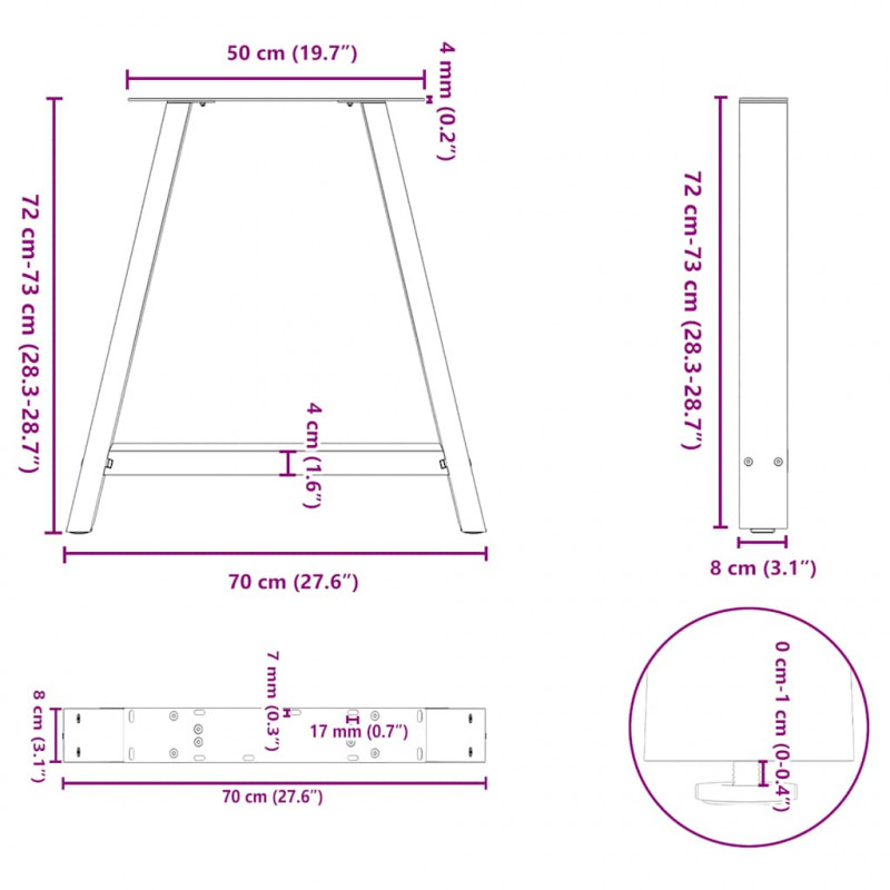Nogi do stołu jadalnego w kształcie litery A 2 szt. Czarne 70x(72-73) cm Stal