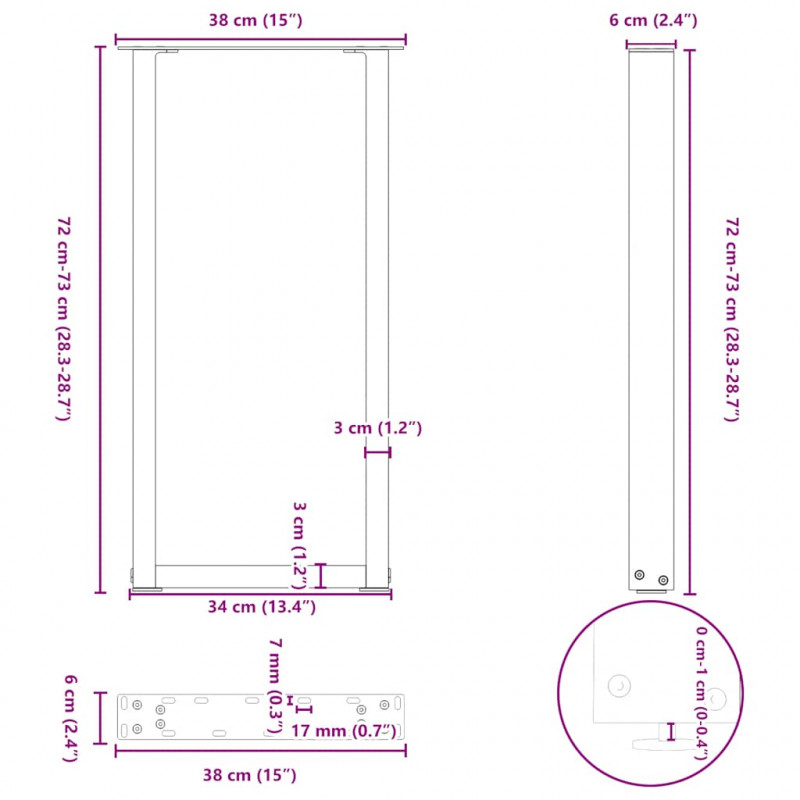 Nogi do stołu konsolowego w kształcie litery U 2 szt. Naturalna stal 38x(72-73) cm Stal