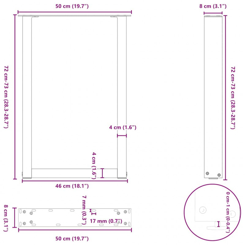 Nogi do stołu jadalnego w kształcie litery U 2 szt. Czarne 50x(72-73) cm Stal