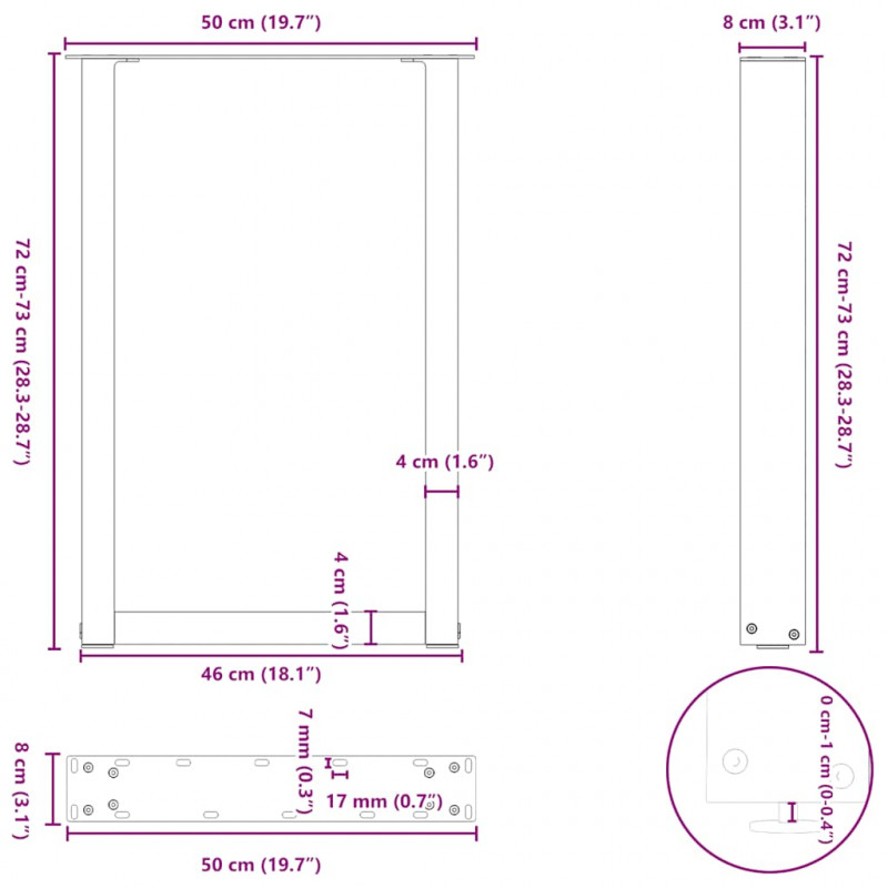 Nogi do stołu jadalnego w kształcie litery U 2 szt. Białe 50x(72-73) cm Stal