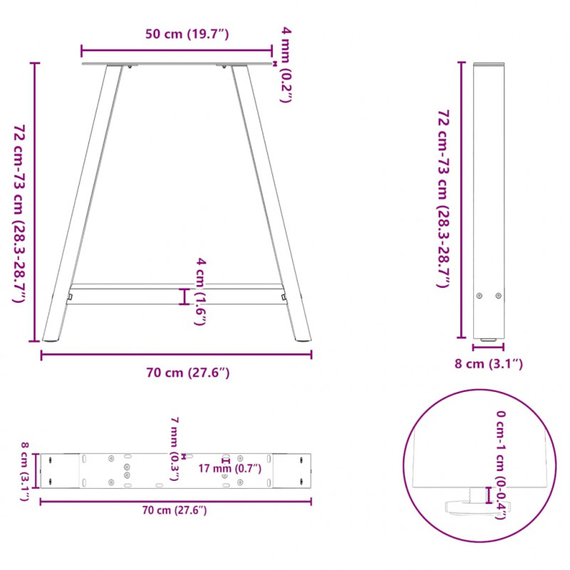 Nogi do stołu jadalnego w kształcie litery A 2 szt. 70x(72-73) cm Stal