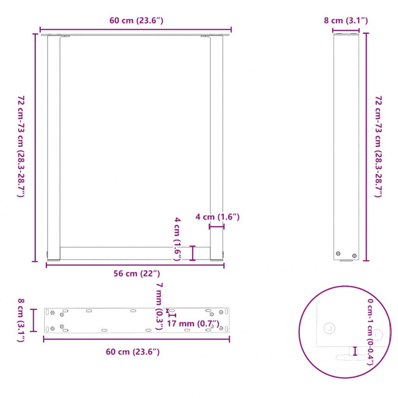 Nogi do stołu jadalnego w kształcie litery U 2 szt. Czarne 60x(72-73) cm Stal