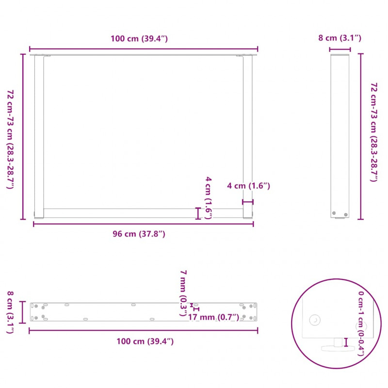 Nogi do stołu jadalnego w kształcie litery U 3 szt. Czarne 100x(72-73) cm Stal
