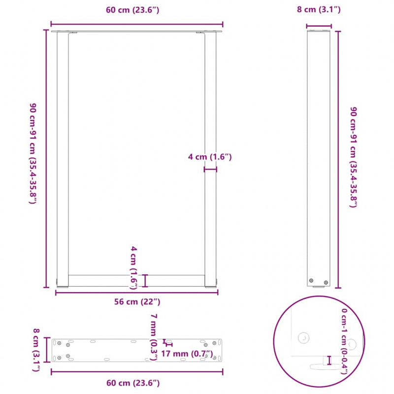 Nogi do stołu barowego w kształcie litery U 2 szt. Antracyt 60x(90-91) cm Stal