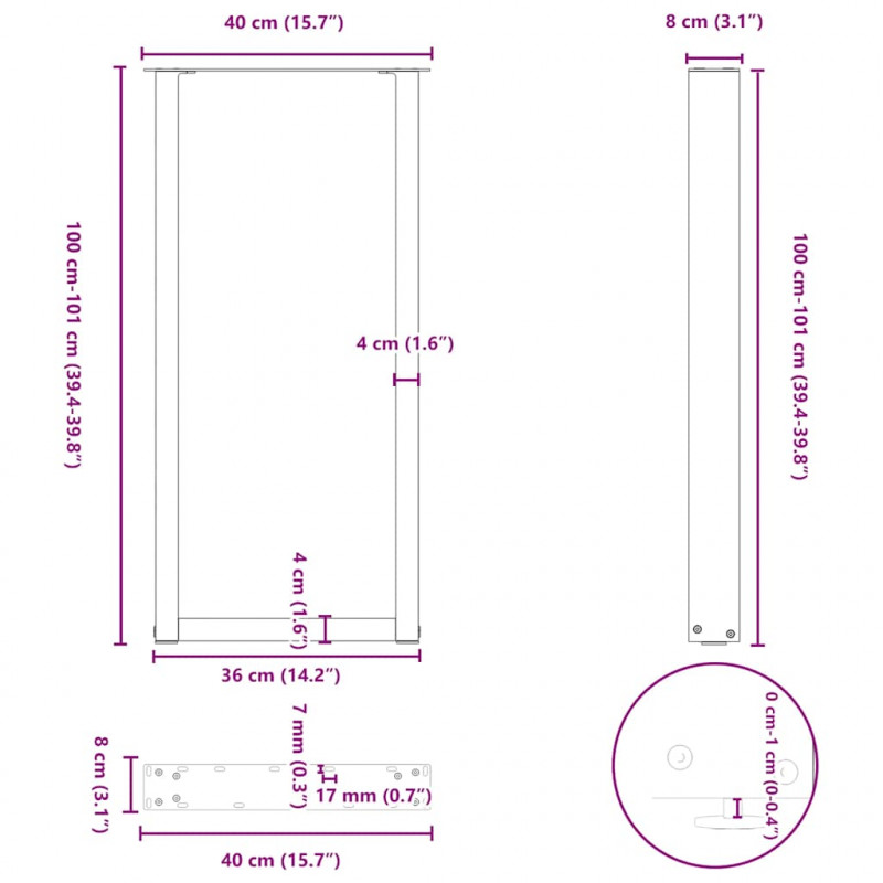 Nogi do stołu barowego w kształcie litery U 2 szt. Naturalna stal 40x(100-101) cm Stal