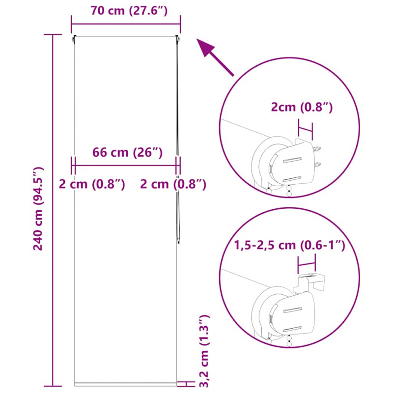Roleta prysznicowa 70x240 cm Szerokość tkaniny 66 cm