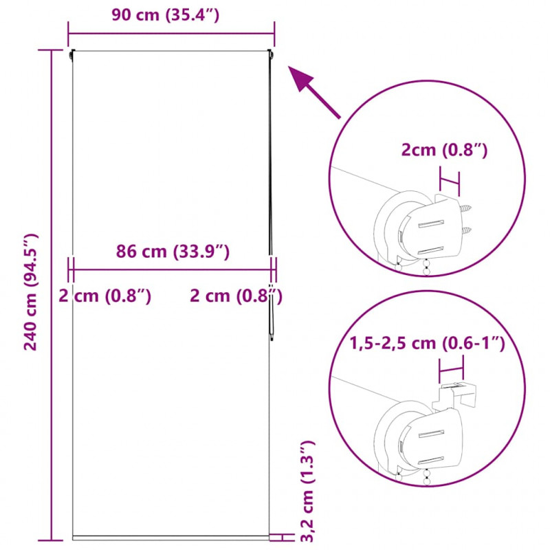 Roleta prysznicowa 90x240 cm Szerokość tkaniny 86 cm