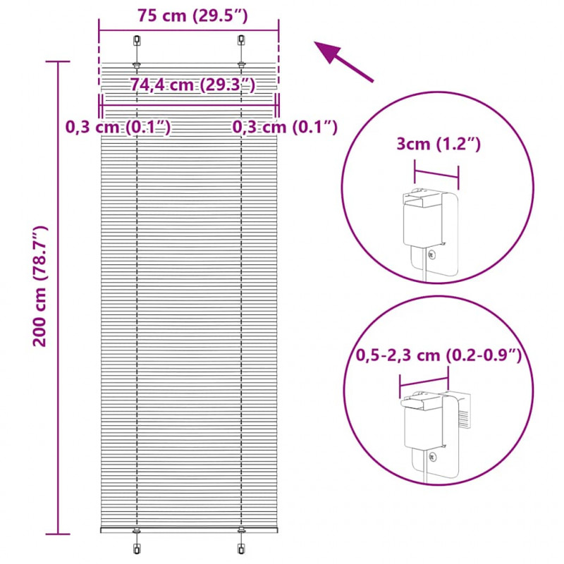 Roleta plisowana biała 75x200 cm Szerokość tkaniny 74,4 cm