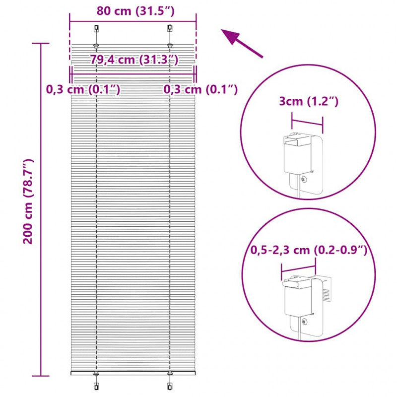 Roleta plisowana biała 80x200 cm Szerokość tkaniny 79,4 cm