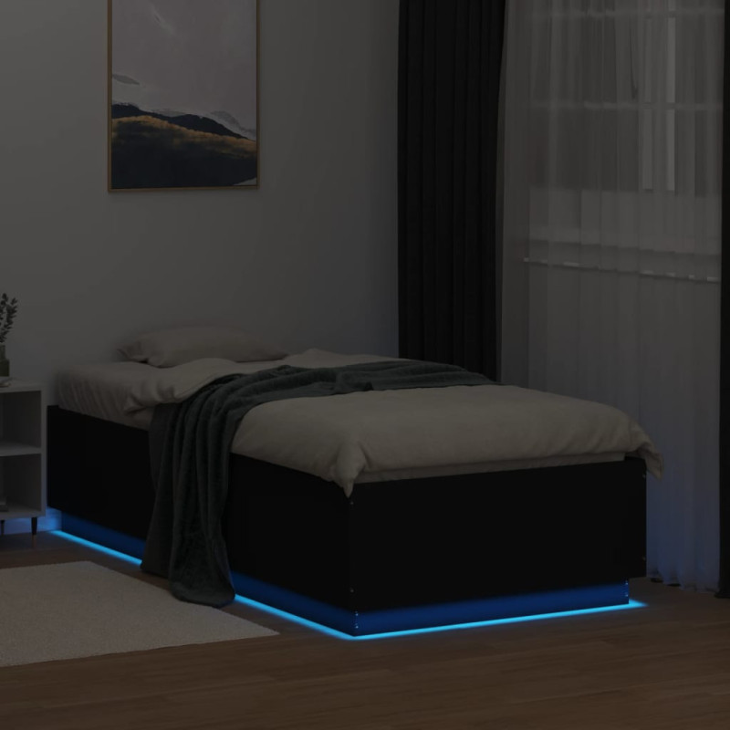 Rama łóżka z LED, czarna, 75x190 cm, materiał drewnopochodny