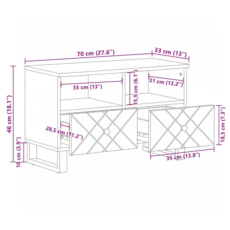 Szafka pod telewizor, czarna, 70x33x46 cm, lite drewno mango