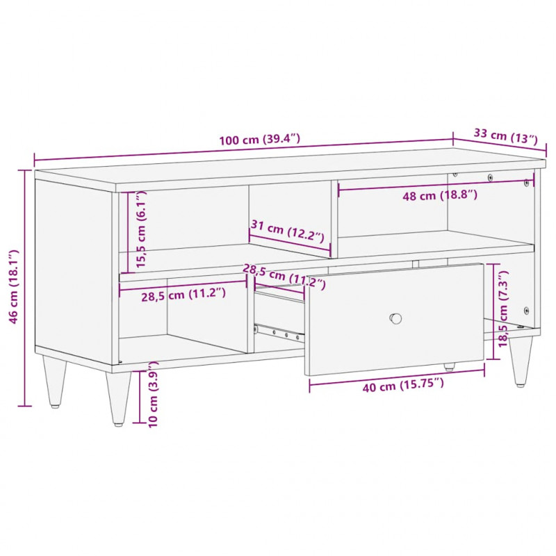 Szafka pod telewizor, czarna, 100x33x46 cm, lite drewno mango