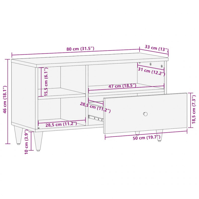 Szafka pod telewizor, czarna, 80x33x46 cm, lite drewno mango