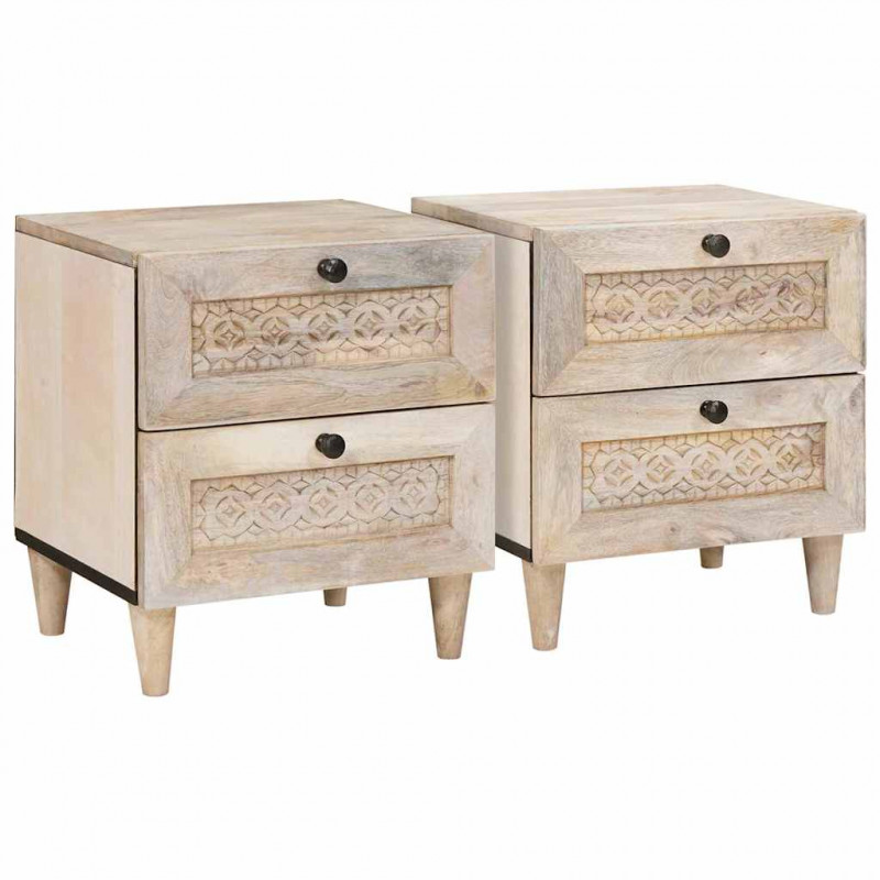 Szafka Nocna 2 pcs Beżowy 40 x 33 x 46 cm Lite drewno akacjowe