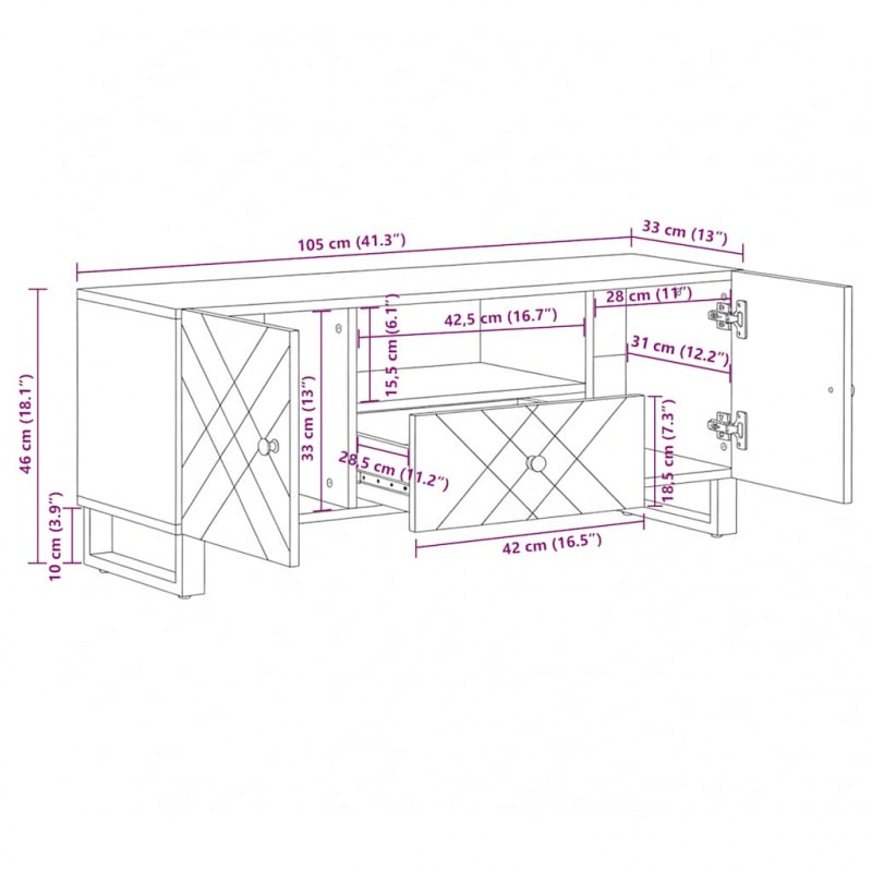 Szafka pod telewizor, czarna, 105x33x46 cm, lite drewno mango
