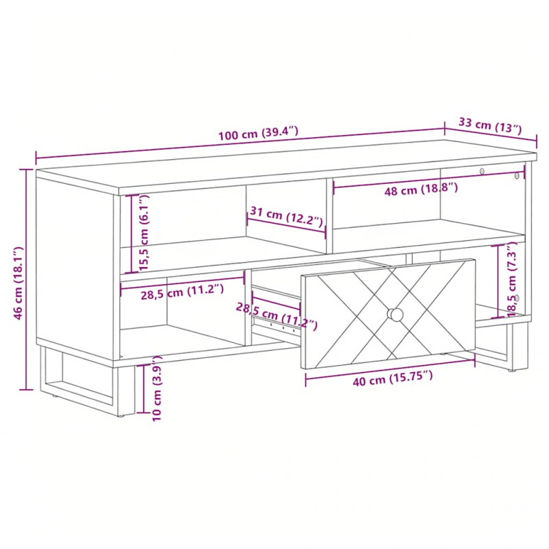 Szafka pod telewizor, czarna, 100x33x46 cm, lite drewno mango