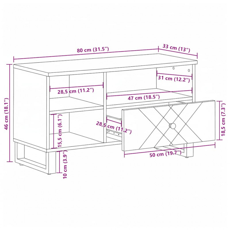 Szafka pod telewizor, czarna, 80x33x46 cm, lite drewno mango