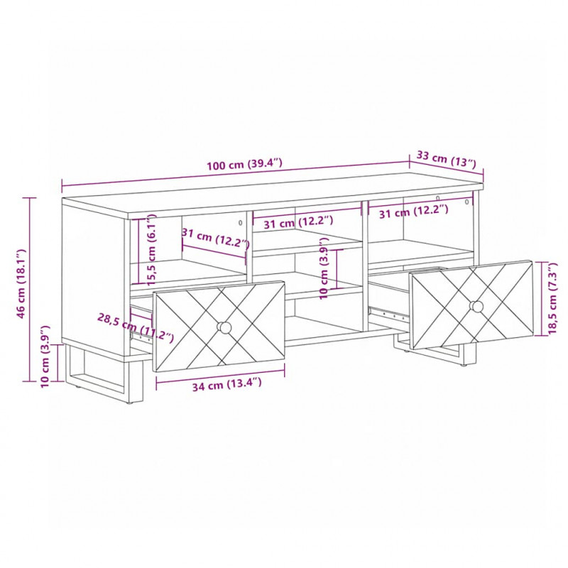 Szafka pod telewizor, czarna, 100x33x46 cm, lite drewno mango