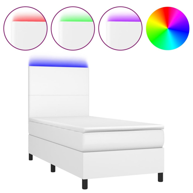 Łóżko kontynentalne z materacem i LED, biała ekoskóra 80x200 cm
