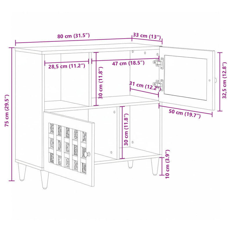 Bufet z drzwiami Naturalny 80 x 33,5 x 75 cm Drewno z mango