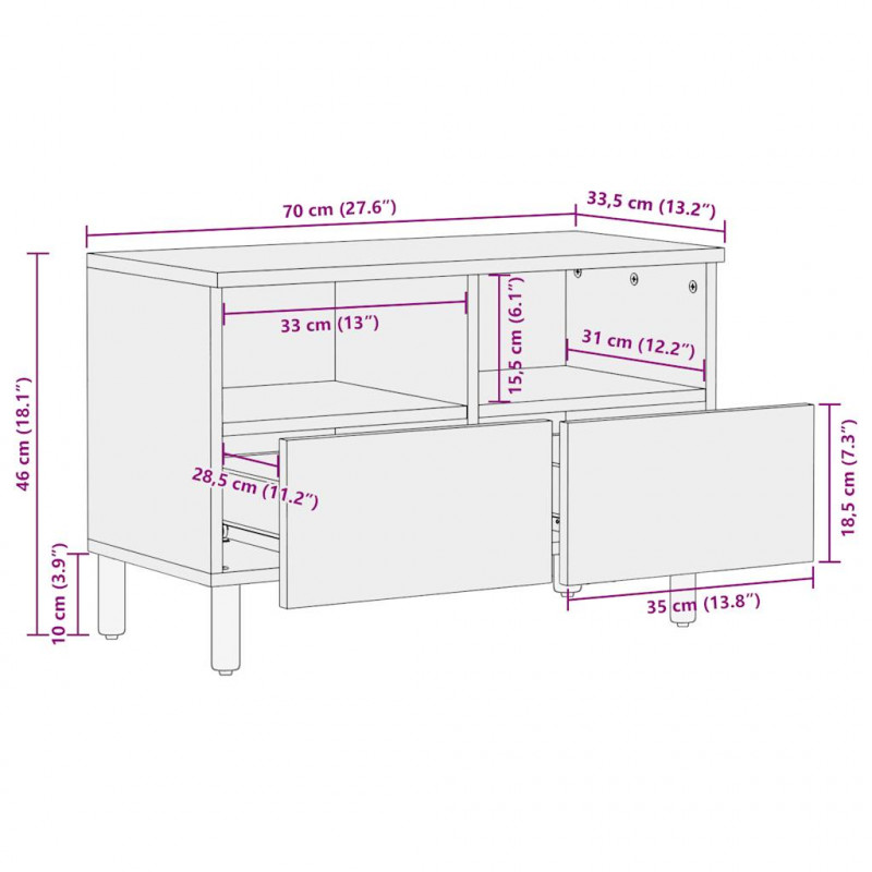 Szafka pod TV, czarne, 70x33,5x46 cm, lite surowe drewno mango