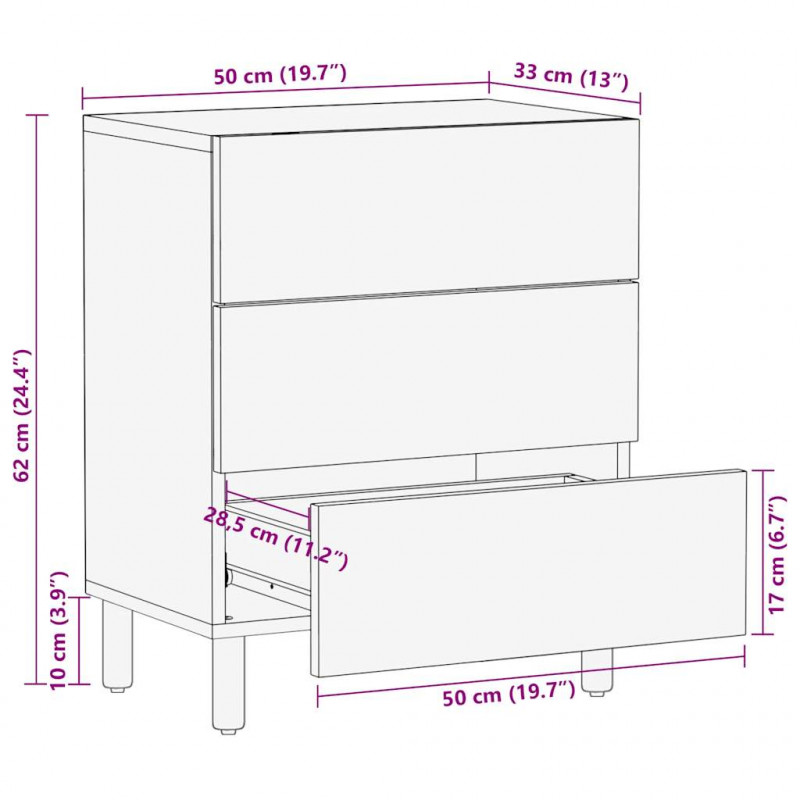Szafka nocna, czarna, 50x33x62 cm, lite surowe drewno mango