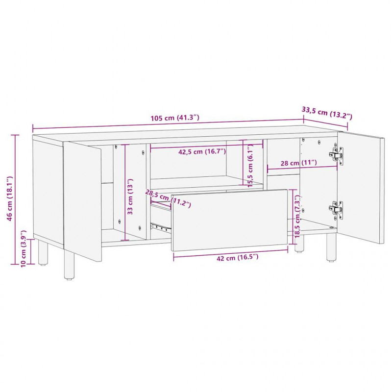 Szafka pod TV, czarne, 105x33,5x46 cm, lite surowe drewno mango