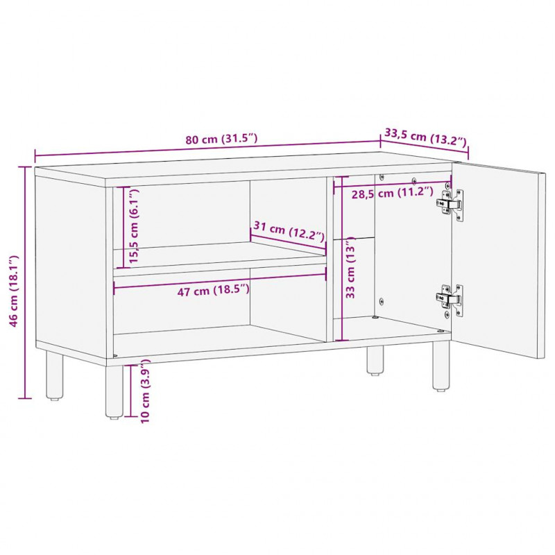 Szafka pod TV, czarne, 80x33,5x46 cm, surowe lite drewno mango